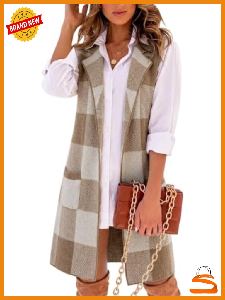 Long Plaid Sweater Vest Sleeveless Knitted Open Front Cardigan Duster